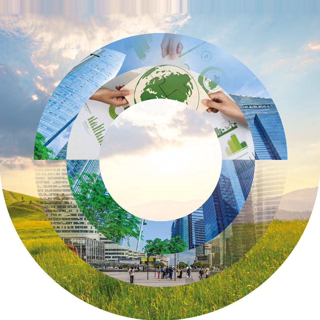 Illustration du rapport RSE : La Défense, une prairie et deux mains assemblant une planète
